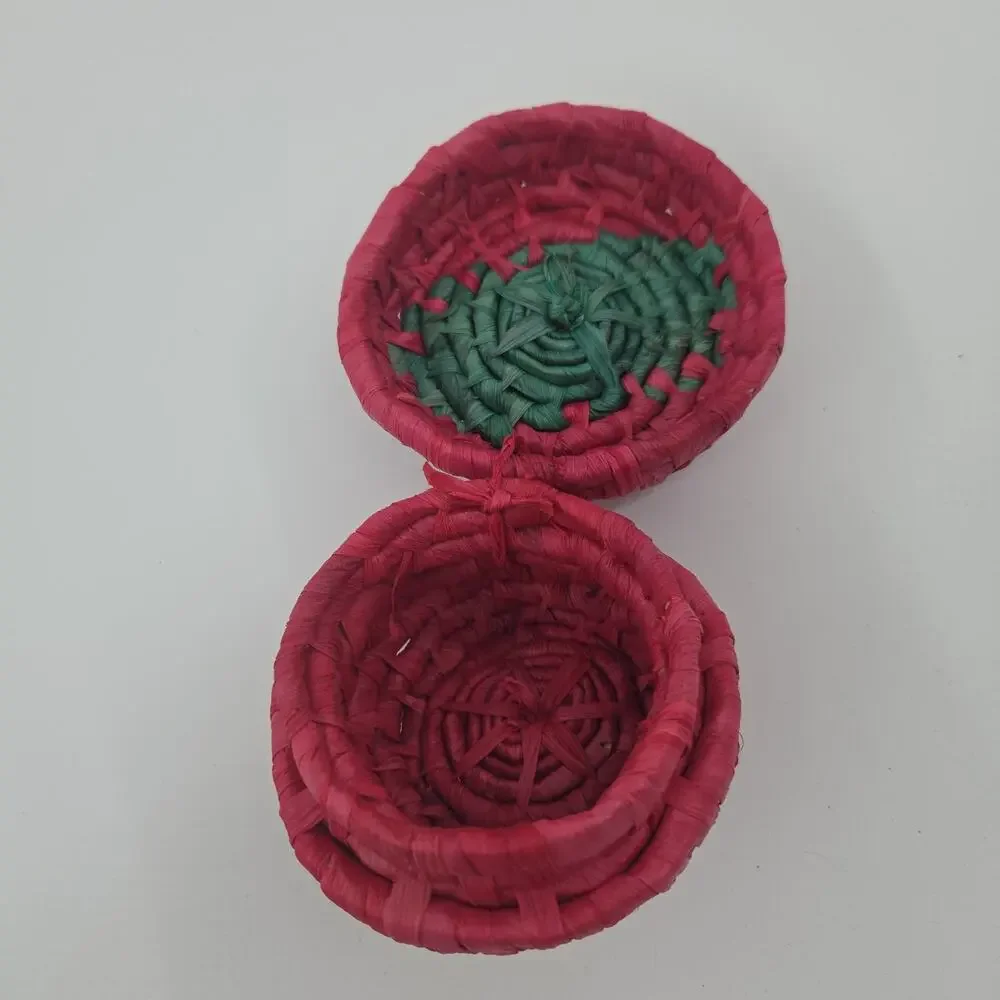 Small Strawberry Basket Handwoven Lidded Trinket Box Pink Green Boho Cottagecore
